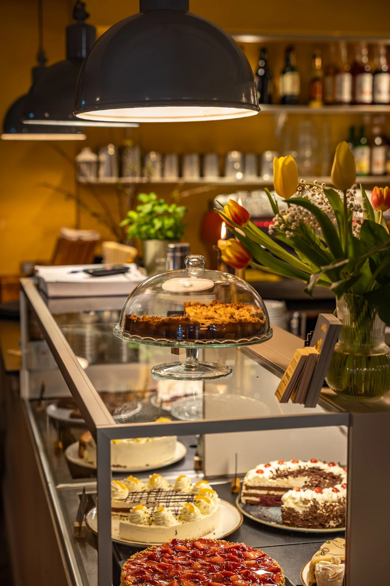 Kuchentheke im Café Nüsslein Erfurt mit hausgemachten Torten unter der Glashaube und frischen Tulpen